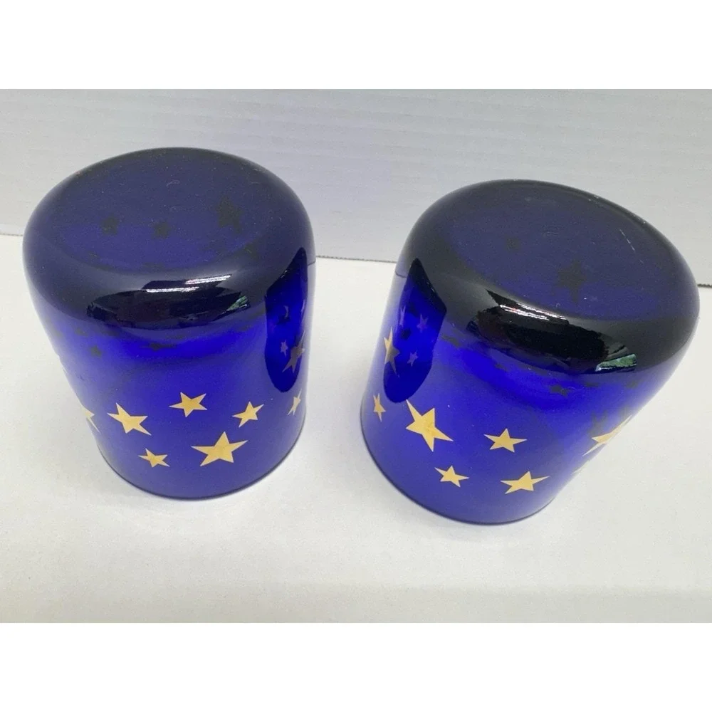 Vtg Cobalt Blue Celestial Gold Stars Lowball Glasses Set Of 2 Libbey